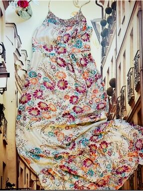 Floral Maxi halter Dress in Cream with Pink, Orange & Teal Flowers